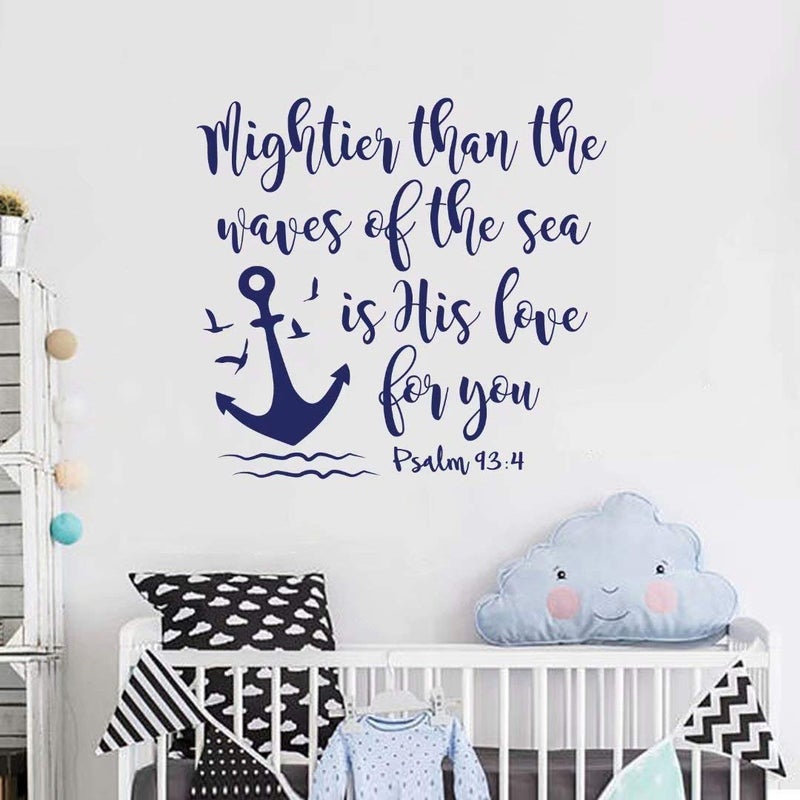 BATTOO Bible Verse Wall Decal Mightier Than The Waves of The Sea is His Love for You- Scripture Wall Decal Psalm 93:4- Nautical Nursery Wall Decal Quote(Navy Blue, 16" WX15 H) - Image 1